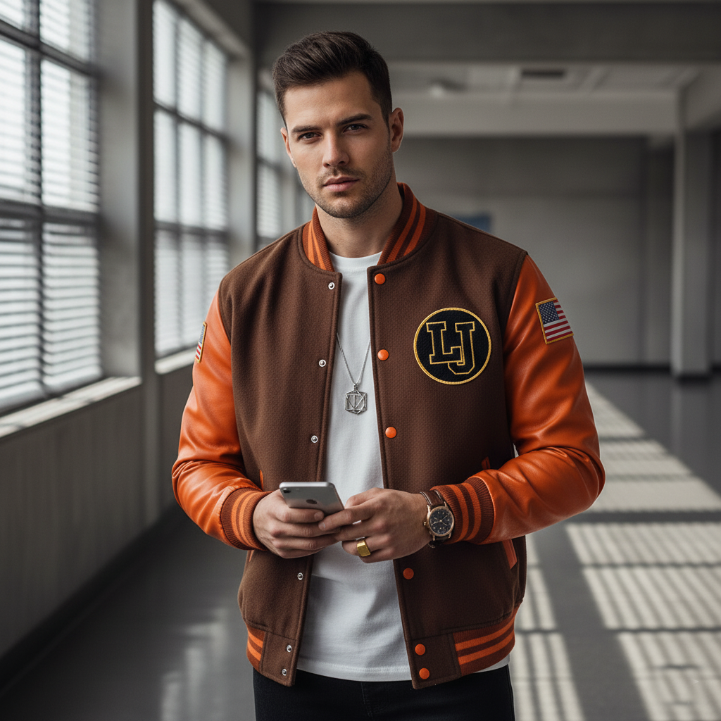 Man wearing a brown and orange varsity jacket with a logo, standing in a hallway.