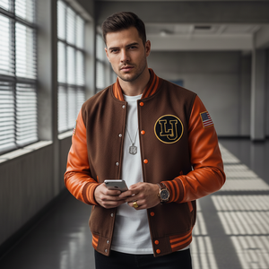 Man wearing a brown and orange varsity jacket with a logo, standing in a hallway.