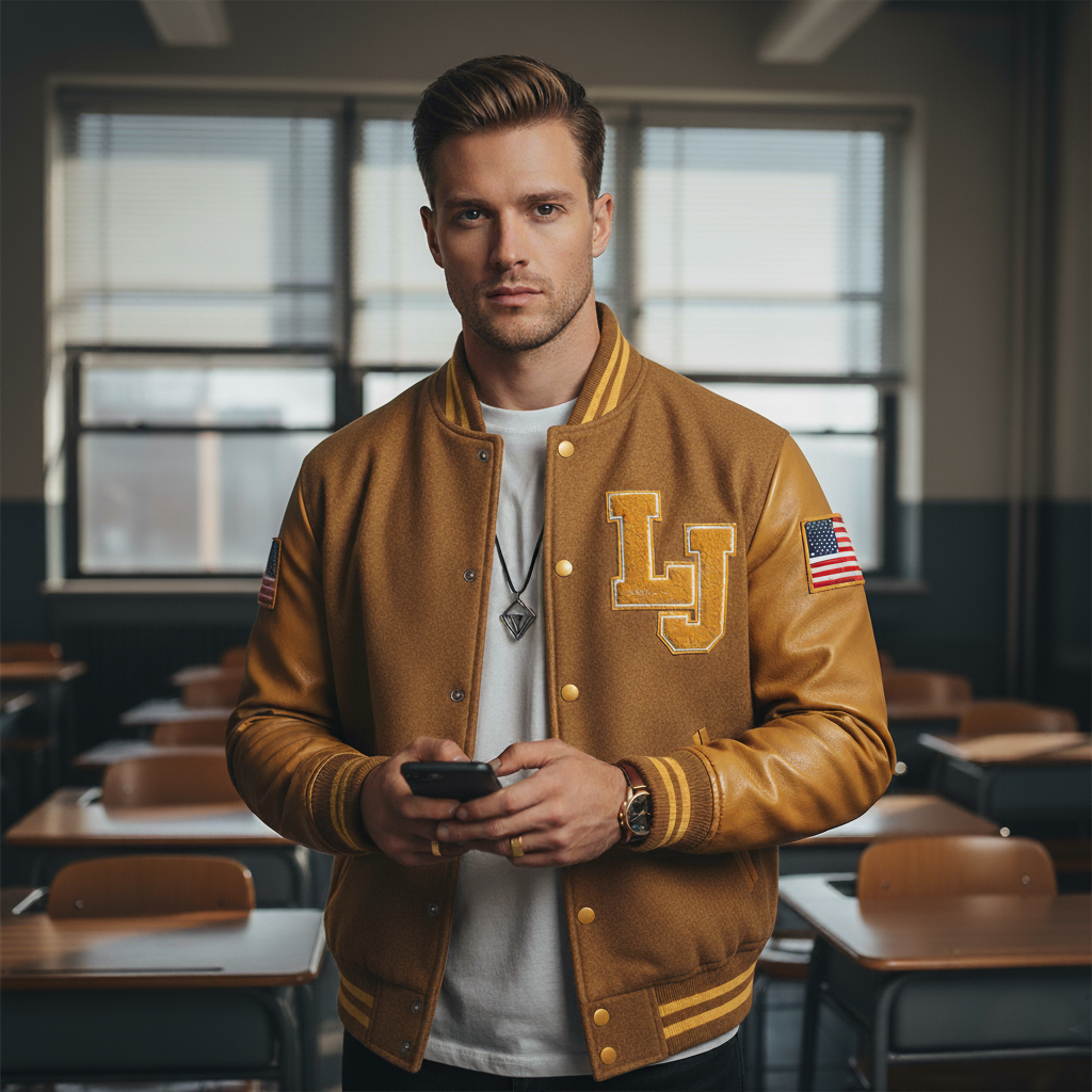Man wearing a brown letterman jacket with 'LJ' initials in a classroom setting