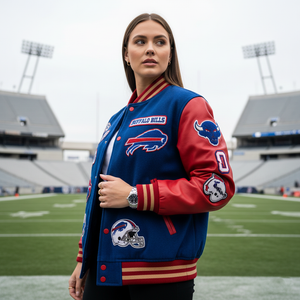 A girl wearing a Buffalo Bills jacket on a football field