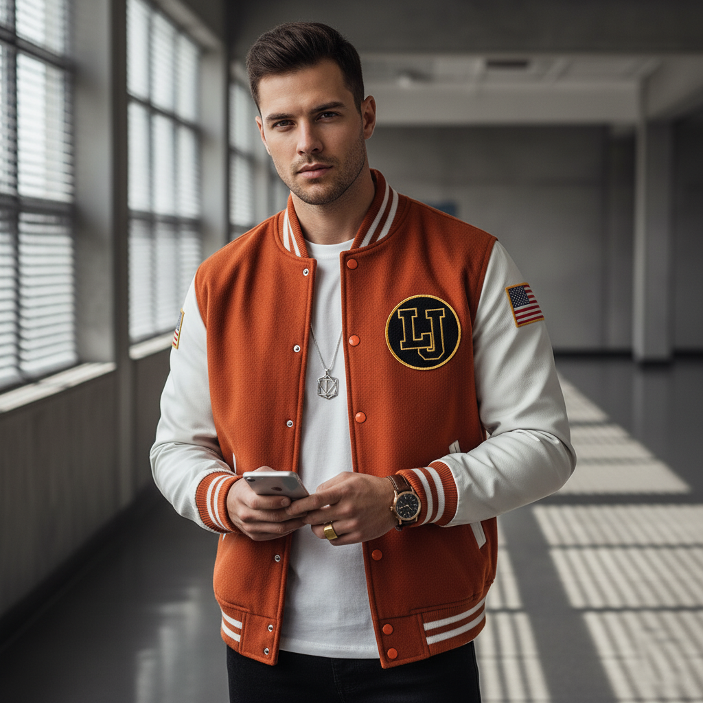 Man wearing an orange and white varsity jacket with a logo, standing in a modern indoor setting.