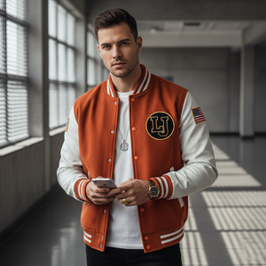 Man wearing an orange and white varsity jacket with a logo, standing in a modern indoor setting.