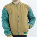 Camel Wool Body And Green Leather Sleeves Varsity Jacket