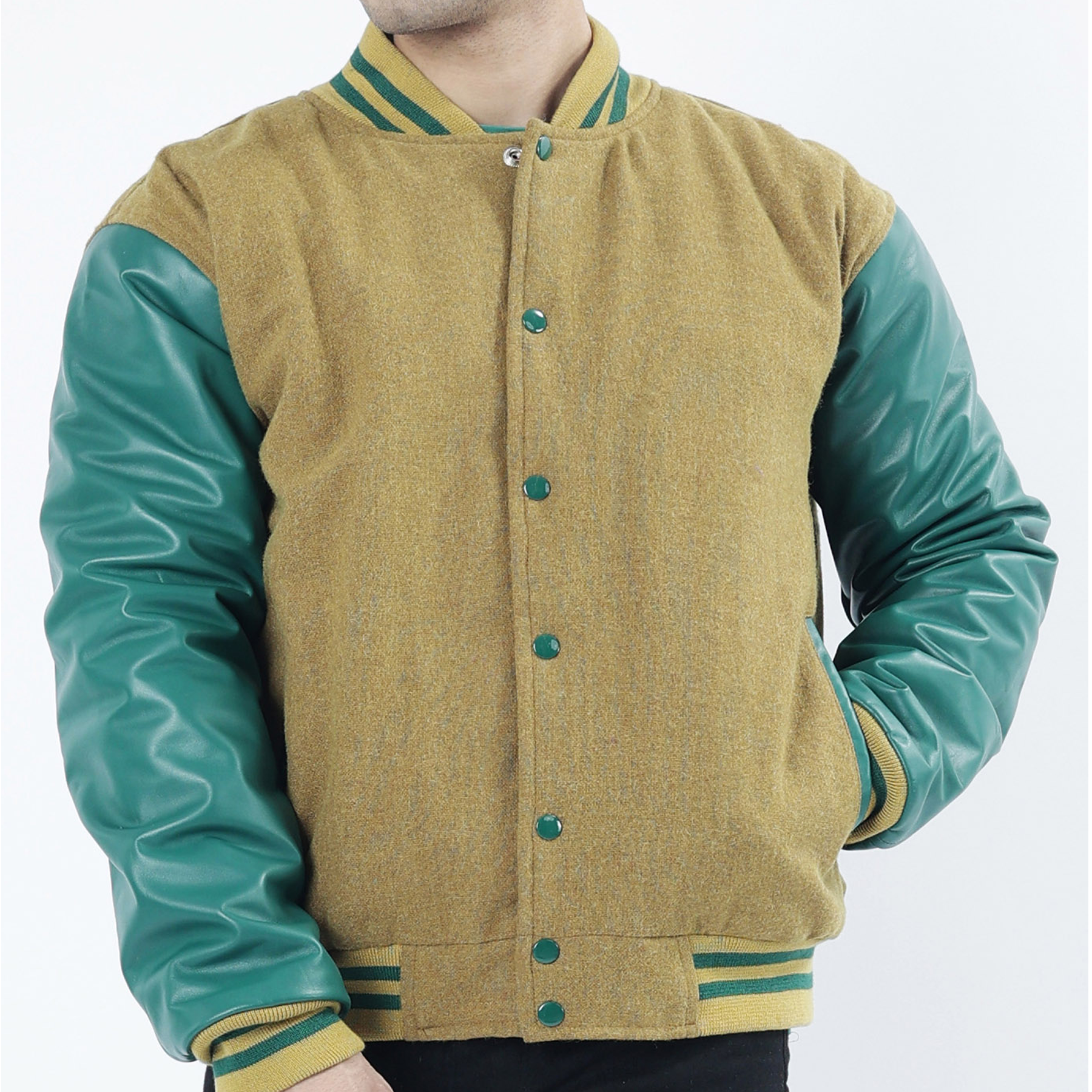 Camel Wool Body And Green Leather Sleeves Varsity Jacket