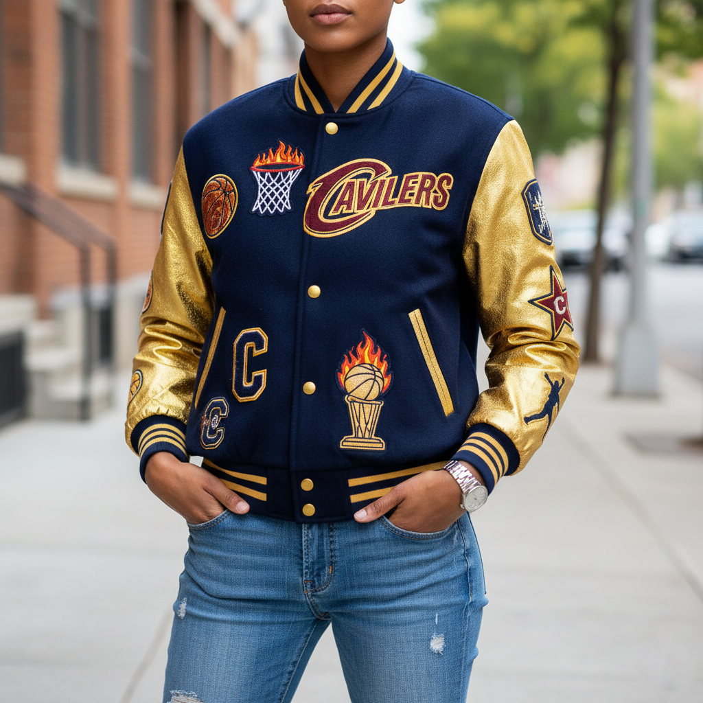 A woman wearing Cavs letterman jacket, standing in stylish pose