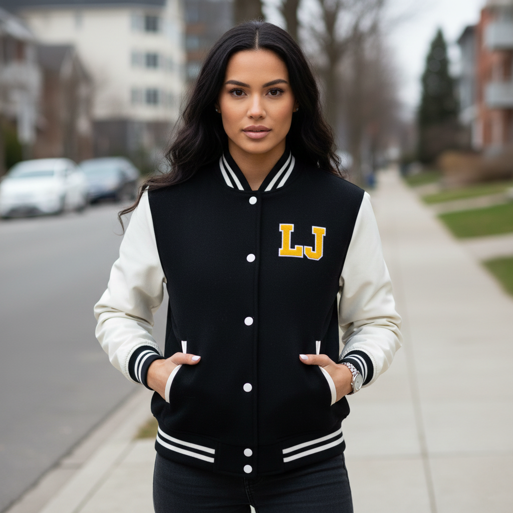 Woman wearing a black and white varsity jacket with 'LJ' on a suburban street.