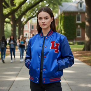 A girl wearing a blue letterman jacket with red accents on a college campus.