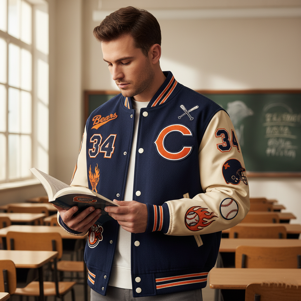 Man wearing a varsity jacket with sports logos in a classroom setting