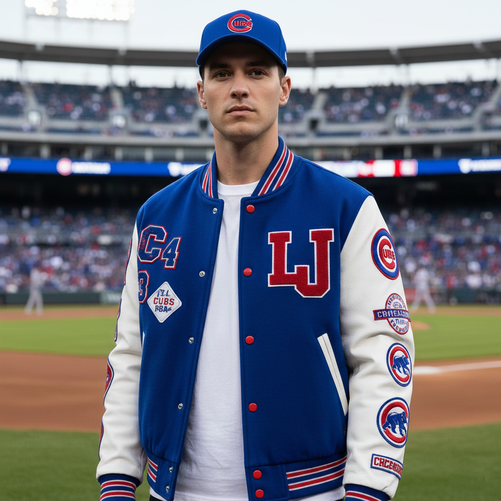 Person wearing a blue and white letterman jacket with red accents on a baseball field.