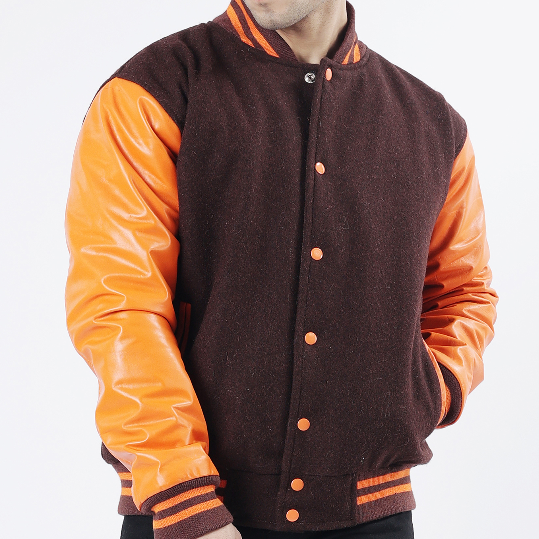 Chocolate Brown Body And Old Gold Leather Arms Letterman Jacket