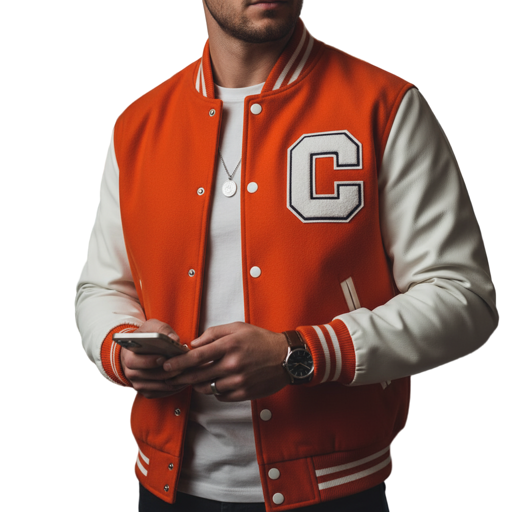 Orange wool and white leather varsity jacket with a large letter C patch