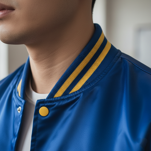 Close-up of a varsity collar wearing a blue jacket with yellow accents.