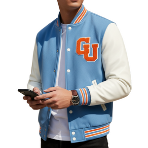 
Light blue and white varsity jacket with orange 'CU' letter patch, worn by a student 