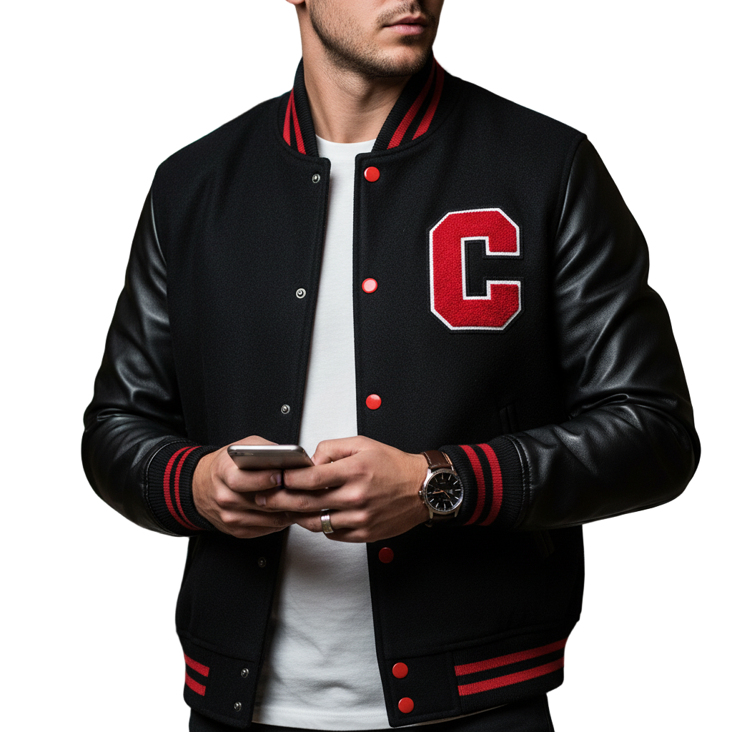 
Black wool and leather varsity jacket with red and white 'C' patch and striped cuffs.