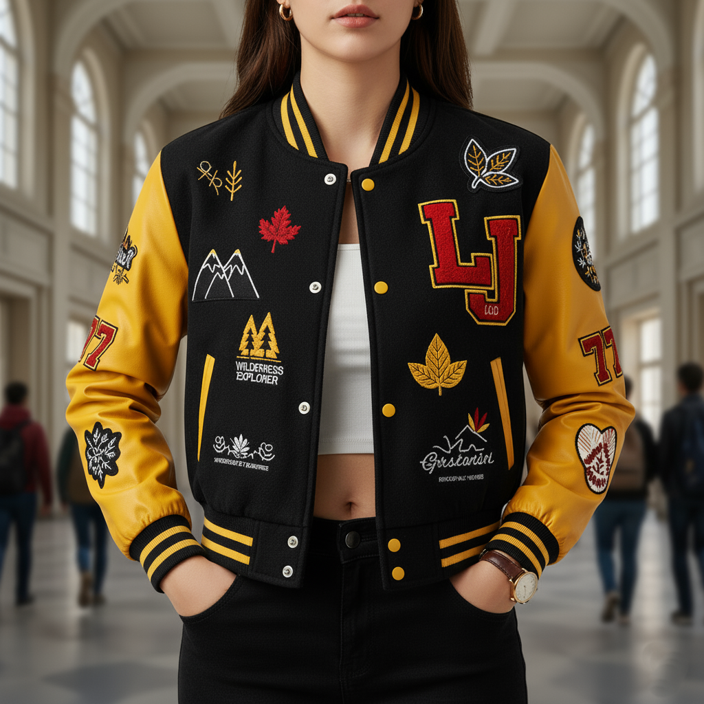 Person wearing a black and yellow varsity jacket with various patches in an indoor setting.