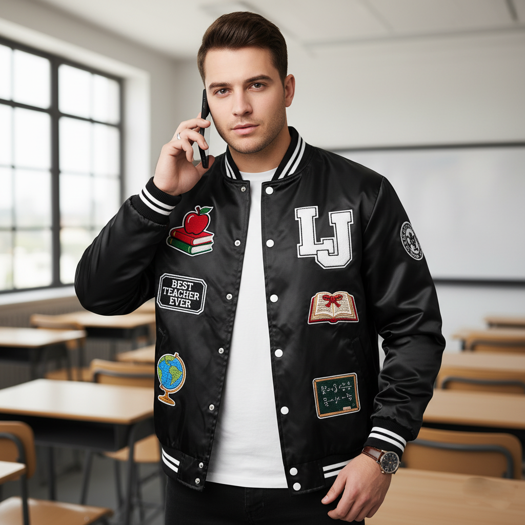 Man wearing a black letterman jacket with patches in a classroom setting
