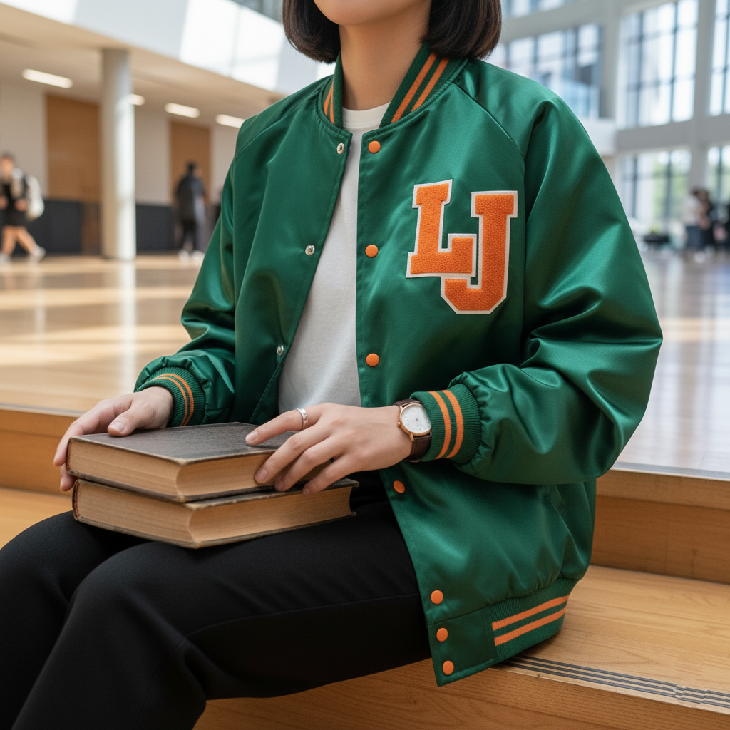 Person wearing a green letterman jacket with 'LJ' on it, holding books in an indoor setting.