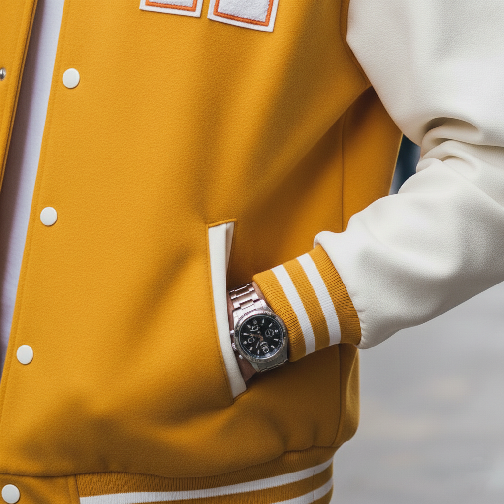 Yellow varsity jacket with white accents and a watch on a blurred background