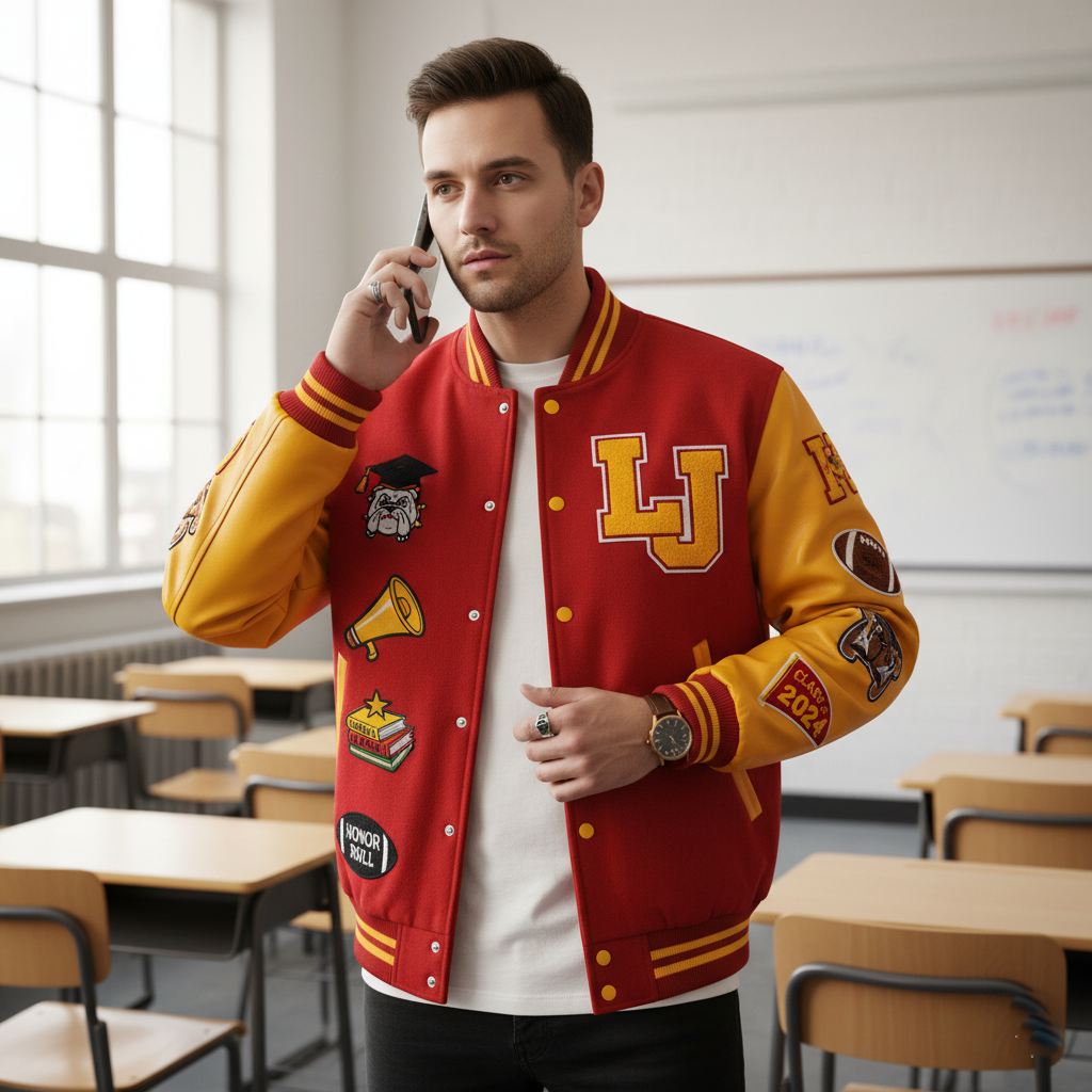 Man wearing a red and Gold varsity jacket with patches in a classroom setting