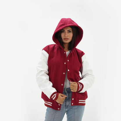 Women's Magenta And White Varsity Hoodie Jacket Leather Arms And Wool Body Varsity Jacket