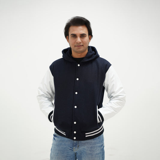 Dark Blue And White Varsity Jacket With Hood Wool Body And Leather Sleeves