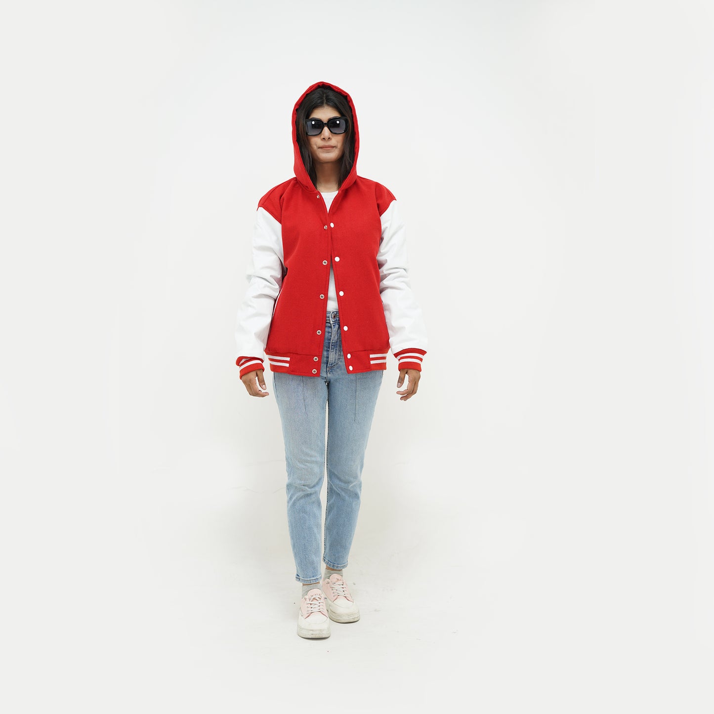 Women's Red And White Letterman Jacket With Hoodie Leather Arms And Wool Body