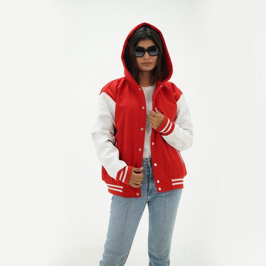 Women's Red And White Letterman Jacket With Hoodie Leather Arms And Wool Body