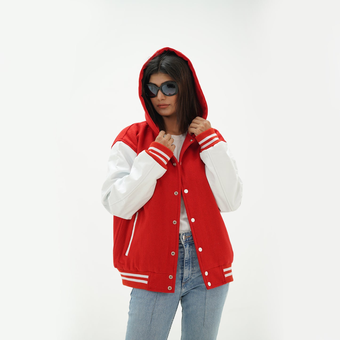 Women's Red And White Letterman Jacket With Hoodie Leather Arms And Wool Body