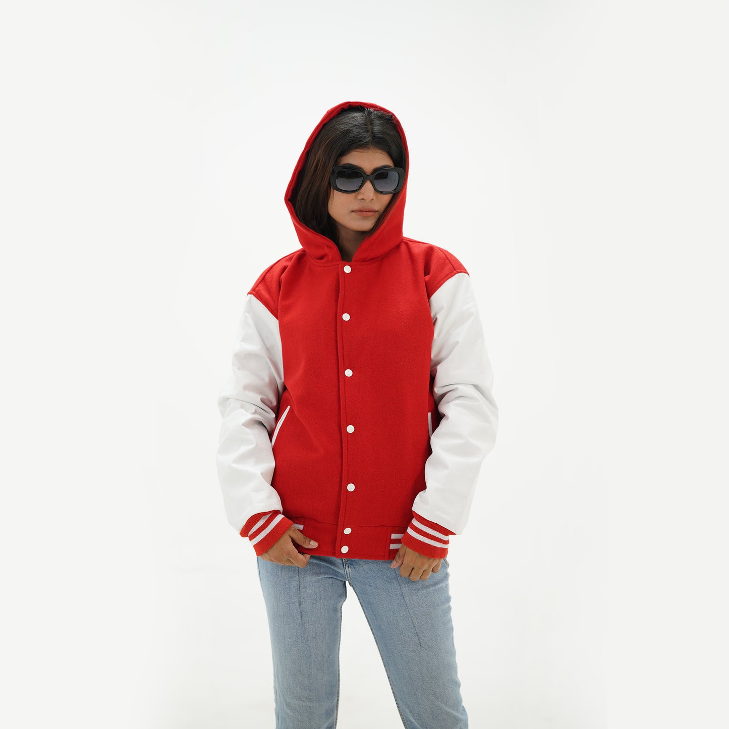 Women's Red And White Letterman Jacket With Hoodie Leather Arms And Wool Body