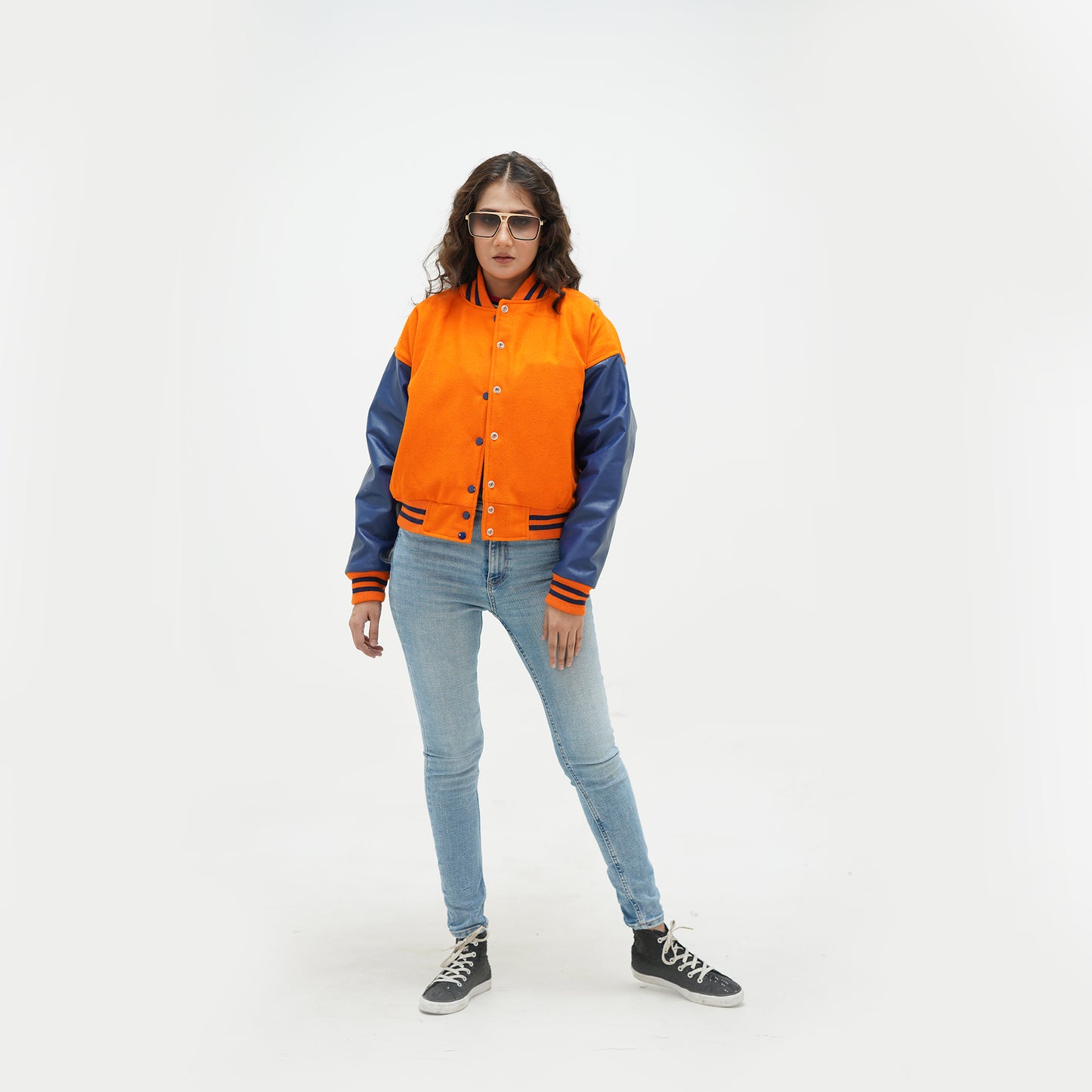 Women's Orange And Java Plum Letterman Jacket With Hood Leather Arms And Wool Body