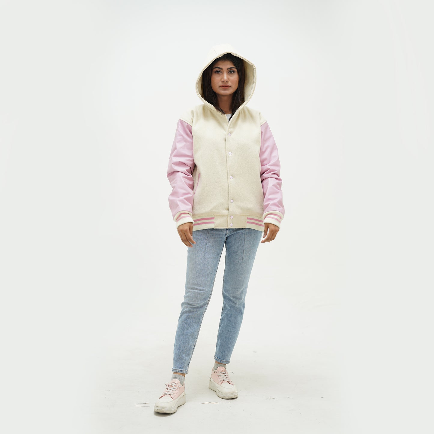 Women's Varsity Hooded Jacket Pink Leather Arms And Off White Wool Body