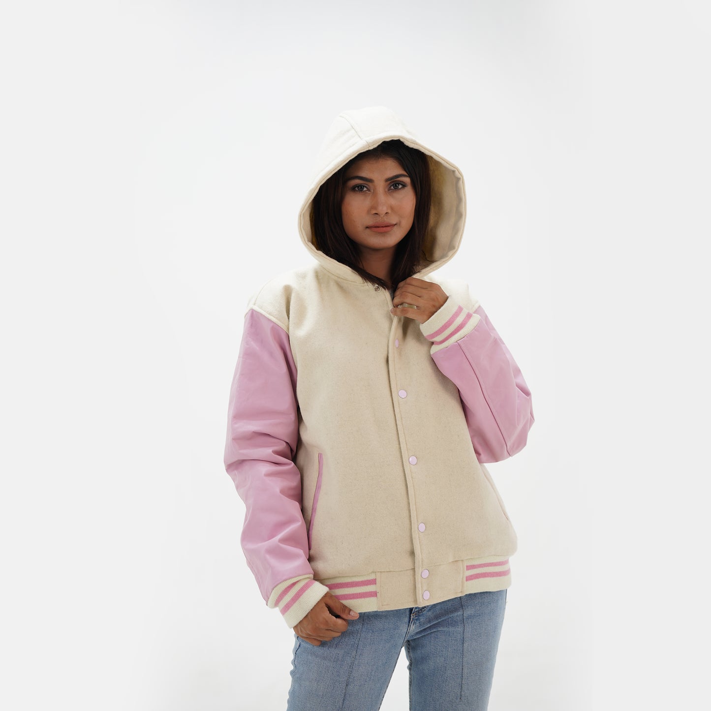 Women's Varsity Hooded Jacket Pink Leather Arms And Off White Wool Body