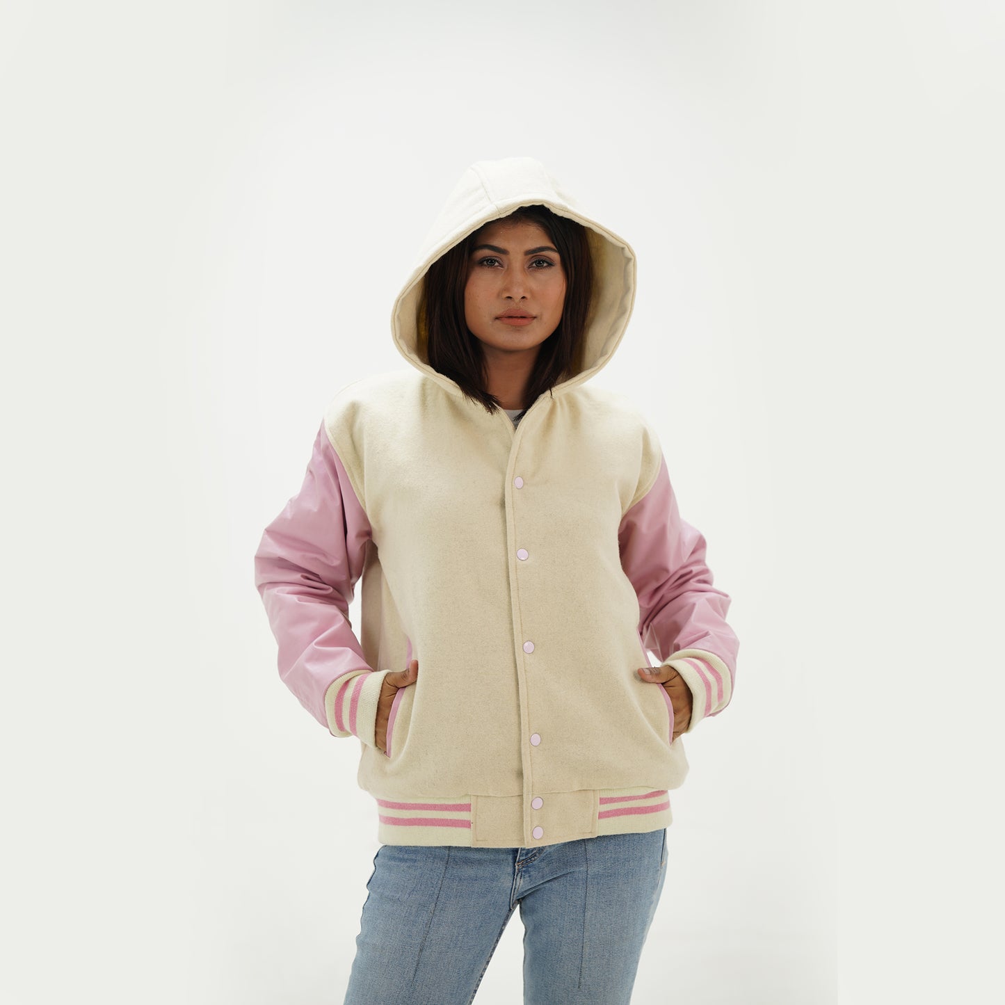 Women's Varsity Hooded Jacket Pink Leather Arms And Off White Wool Body