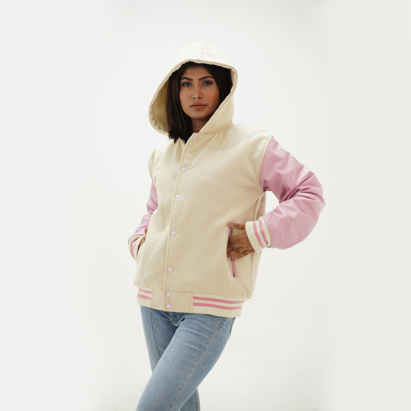 Women's Varsity Hooded Jacket Pink Leather Arms And Off White Wool Body