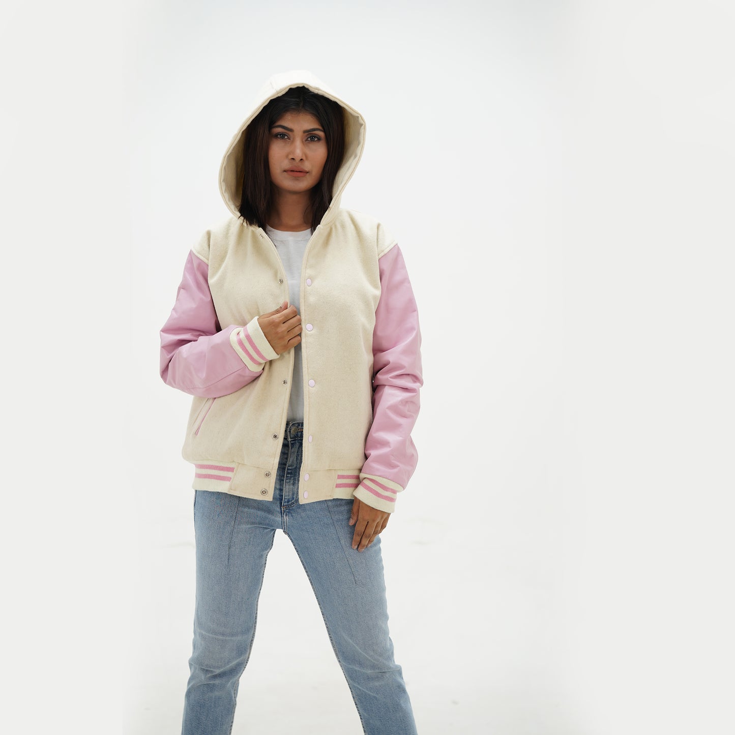 Women's Varsity Hooded Jacket Pink Leather Arms And Off White Wool Body