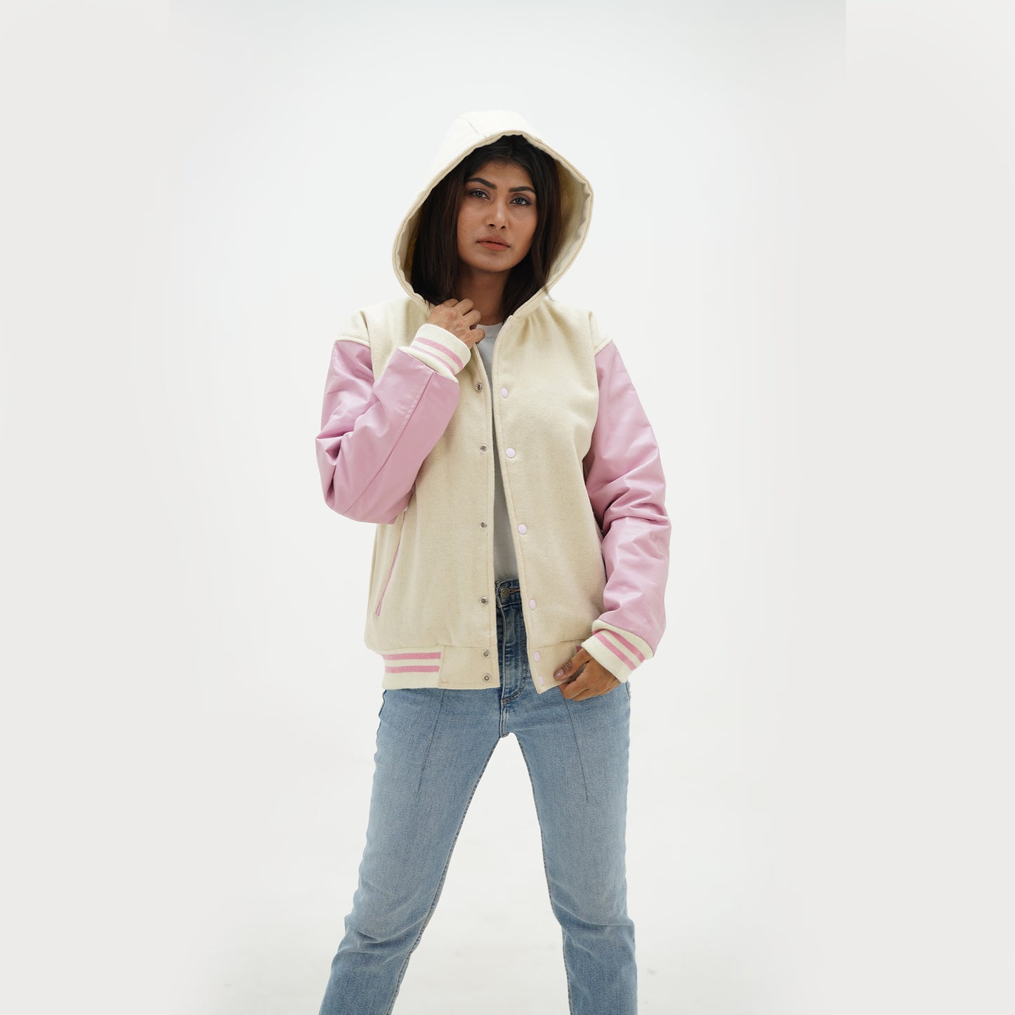 Women's Varsity Hooded Jacket Pink Leather Arms And Off White Wool Body