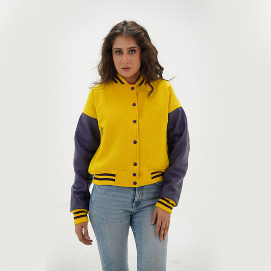 Women's Yellow And Blue Varsity Jacket Leather Arms And Wool Body