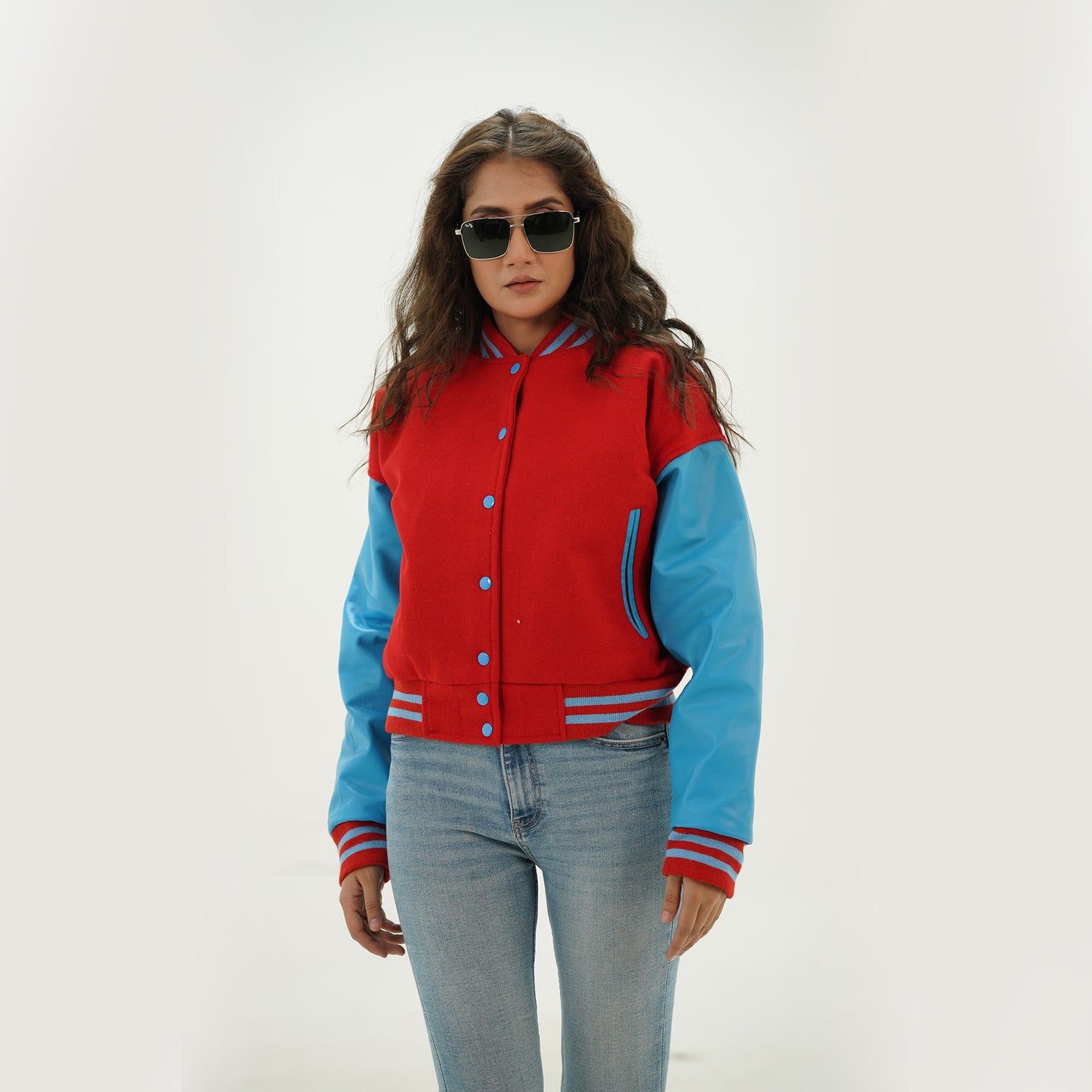 Women's Red And Sky Blue Wool Body And Leather Arms Varsity Jacket