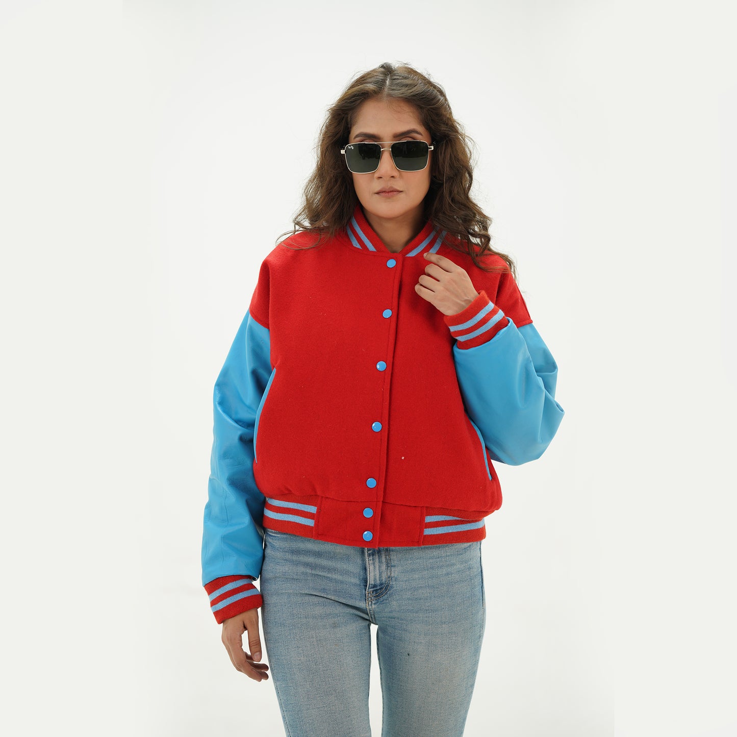 Women's Red And Sky Blue Wool Body And Leather Arms Varsity Jacket