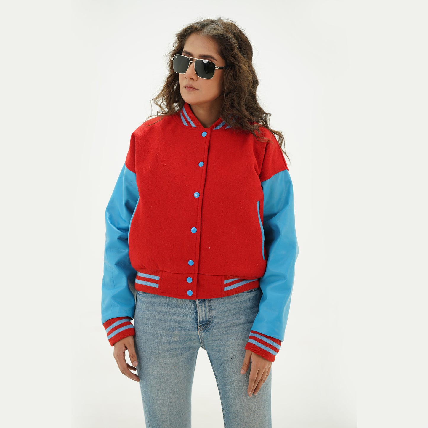 Women's Red And Sky Blue Wool Body And Leather Arms Varsity Jacket