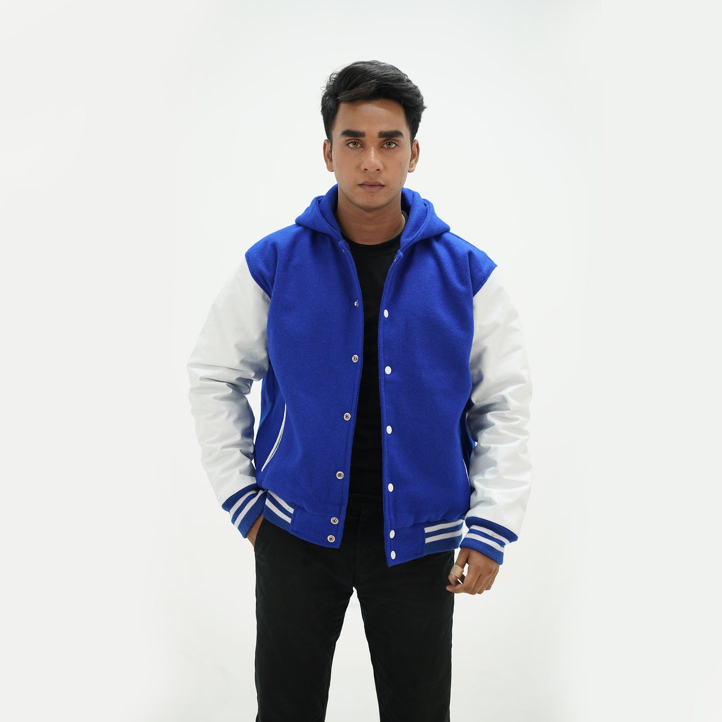 Men's Royal Blue Letterman Jacket With Hood Leather Arms And Wool Body