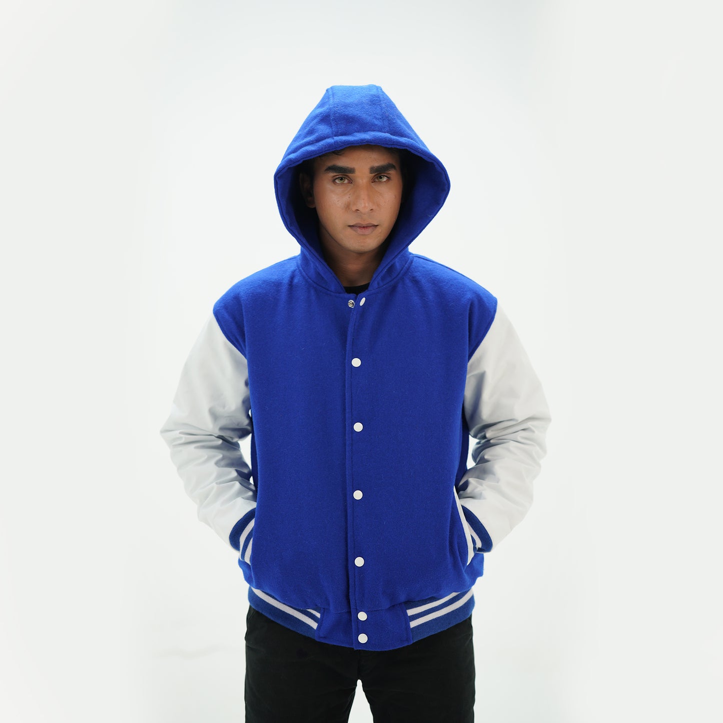 Men's Royal Blue Letterman Jacket With Hood Leather Arms And Wool Body