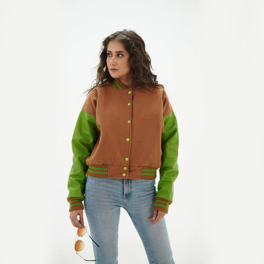 Leather Arms And Wool Body Hooded Varsity Jacket Women Brown And Parrot Green