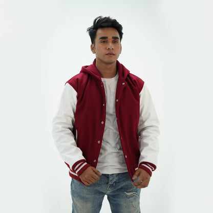 Men's Magenta And White Letterman Hoodie Jacket Wool Body And Leather Arms