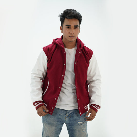 Men's Magenta And White Letterman Hoodie Jacket Wool Body And Leather Arms