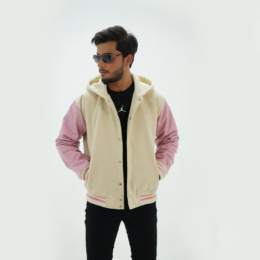 Off White And Pink Varsity Jacket And Hoodie Leather Arms And Wool Body