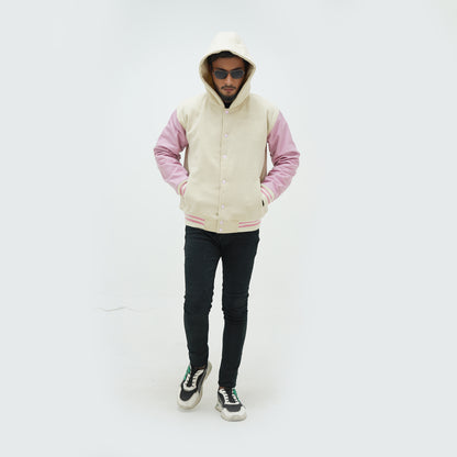 Off White And Pink Varsity Jacket And Hoodie Leather Arms And Wool Body