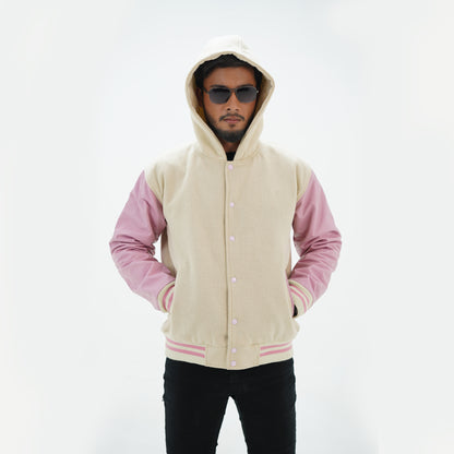 Off White And Pink Varsity Jacket And Hoodie Leather Arms And Wool Body