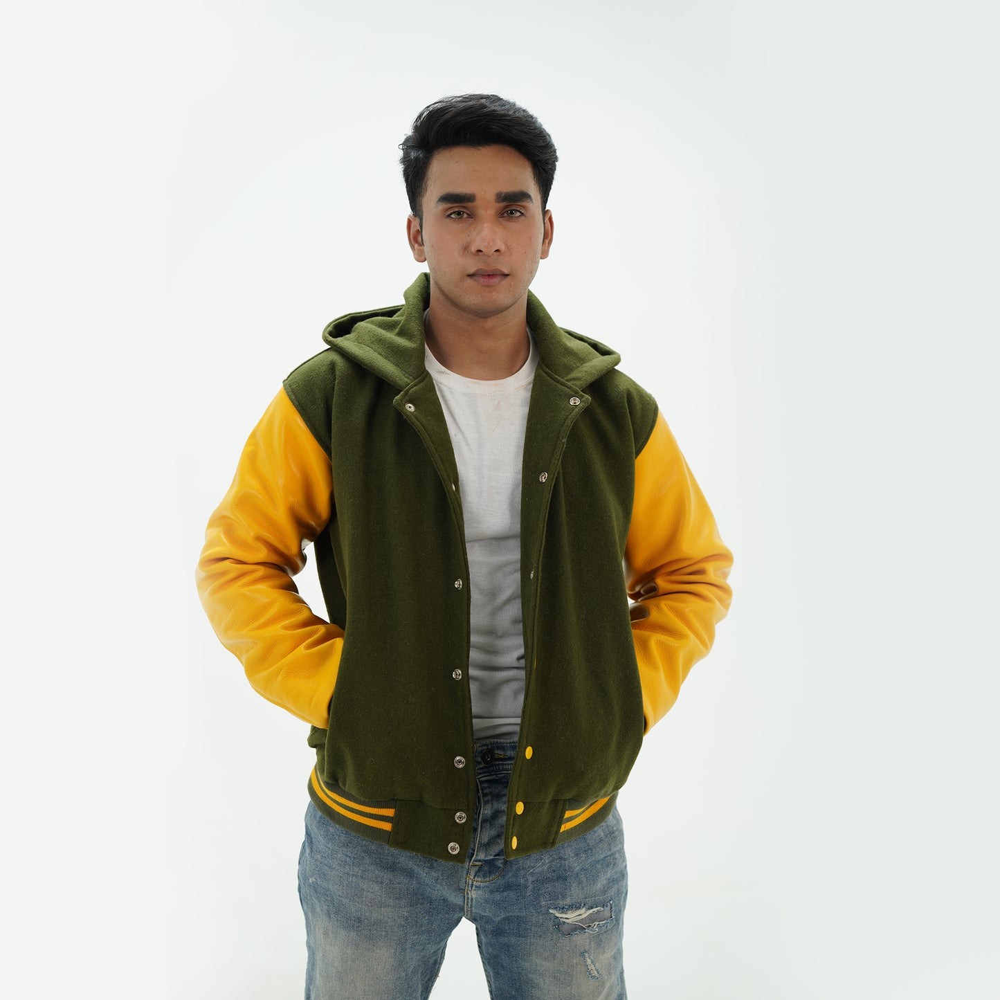 Green And Yellow Hooded Coach Jackets Leather Arms And Wool Body