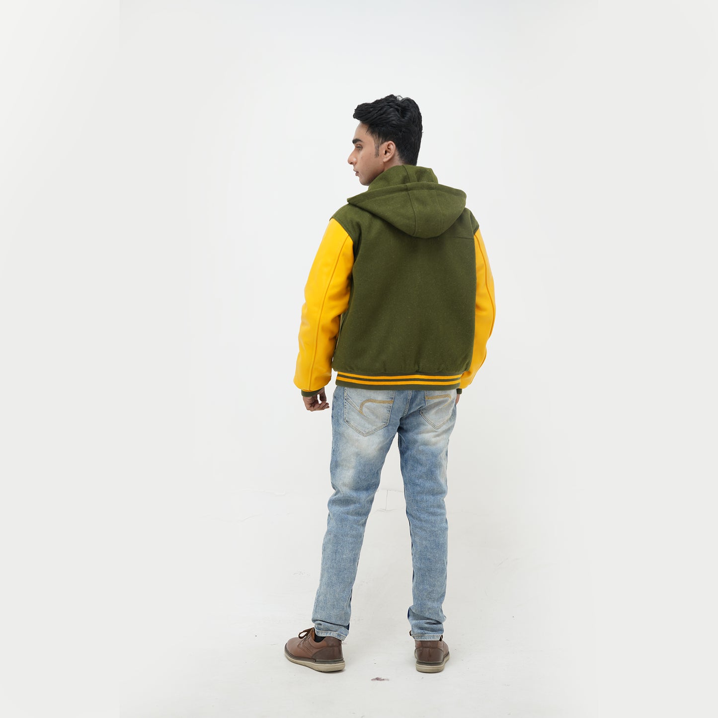 Green And Yellow Hooded Coach Jackets Leather Arms And Wool Body